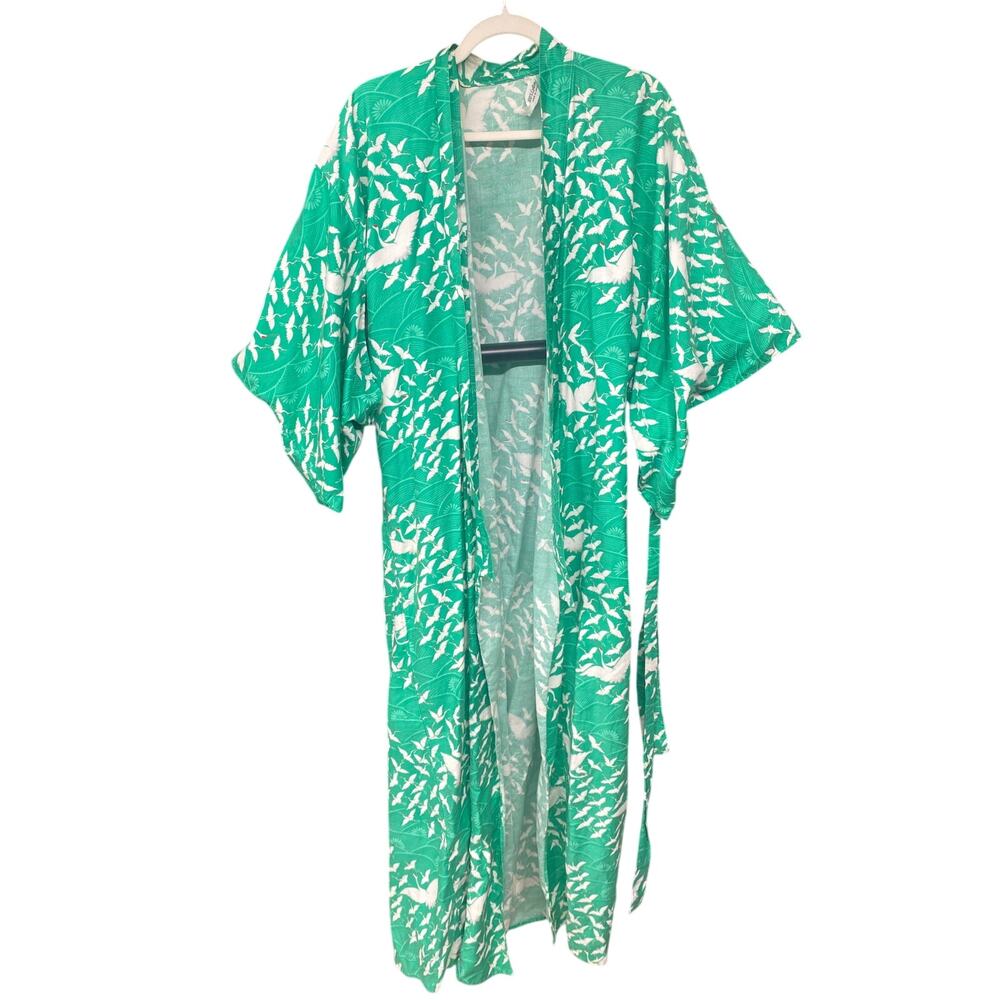 Vintage Japanese Green Crane Kimono Cotton